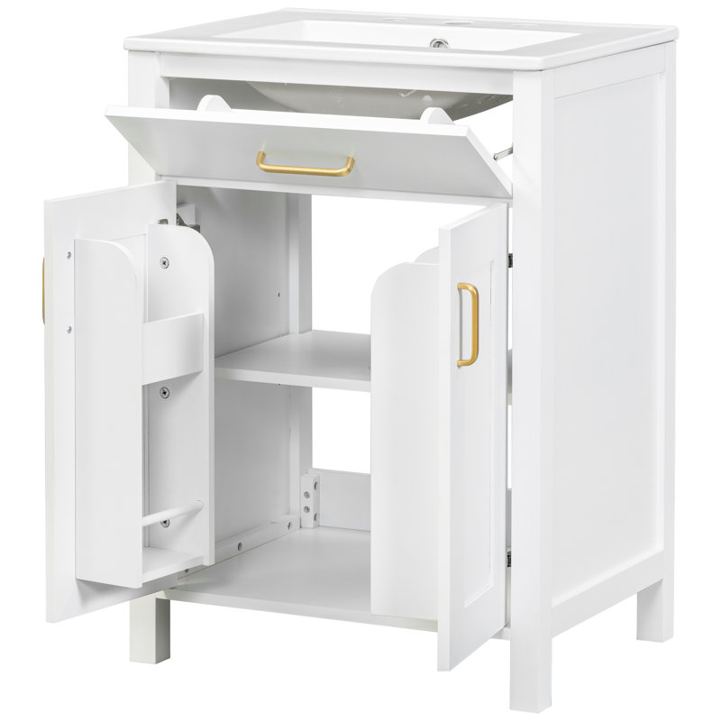 Meuble-lavabo autoportant de 48 pouces avec deux lavabos en céramique, une porte à fermeture en douceur et des poignées dorées pour une mise à niveau pratique avec structure en bois massif, finition peinte, tiroir rabattable