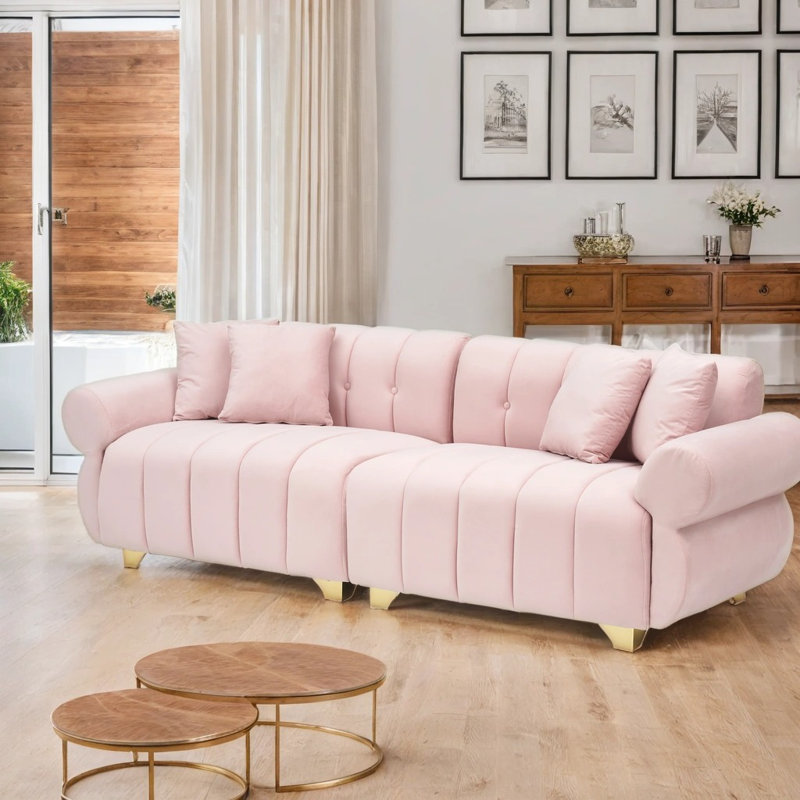 Canapé en velours avec capitonnage et coussins décoratifs 89 po Yore, Rose