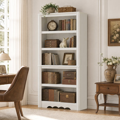 5‑Shelf Open Bookcase, Farmhouse Tall Wood Bookshelf with Scalloped Base, Freestanding Display Storage Shelf for Living Room Home Office