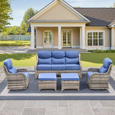 Wicker Patio Furniture Set - 5 Piece Rattan Outdoor Sectional Conversation Sets With 2 Rocking Swivel Chairs,2 Ottomans And 1 Sofa For Porch Deck Garden