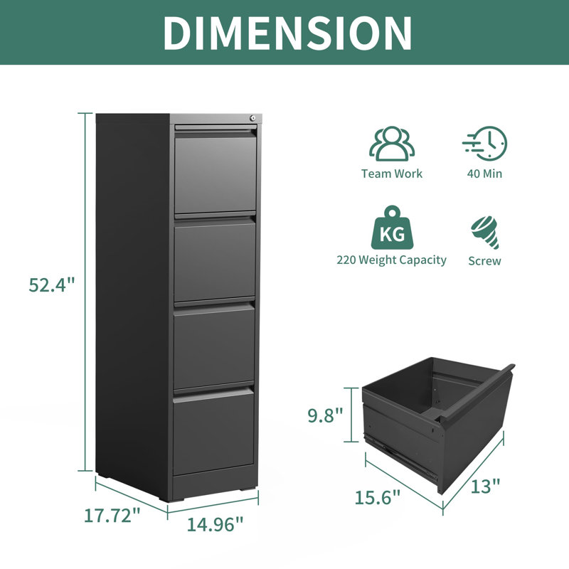 Malaja 52.4"H Metal Vertical Filing Cabinets with 4 Drawers Lockable For Home Office A4/Letter/Legal, Black