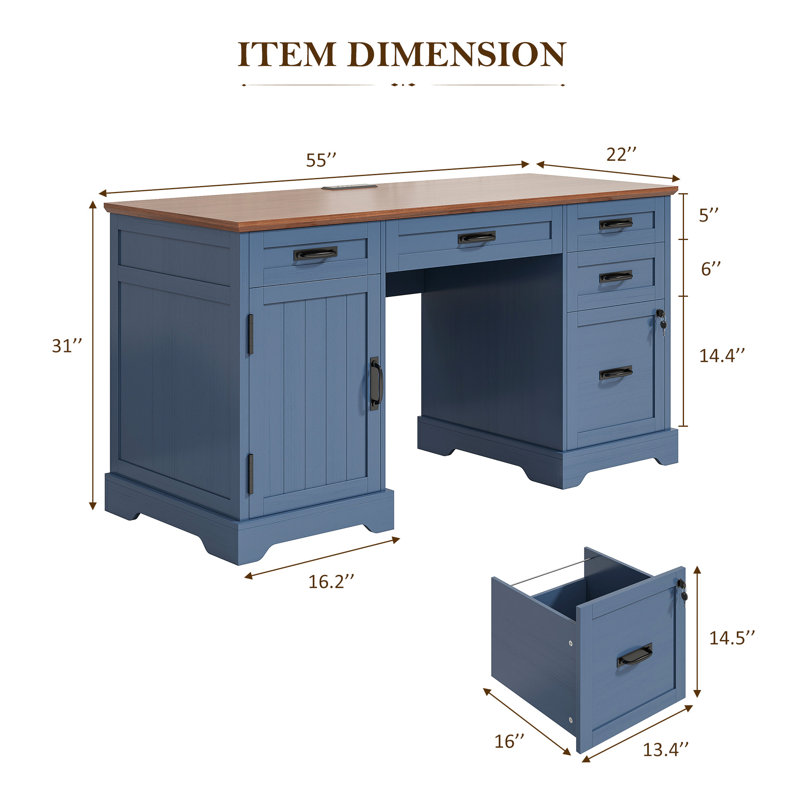 Clabe 55'' Farmhouse Executive Desk with Drawers, File Cabinet and Power Outlets, Brown/Blue