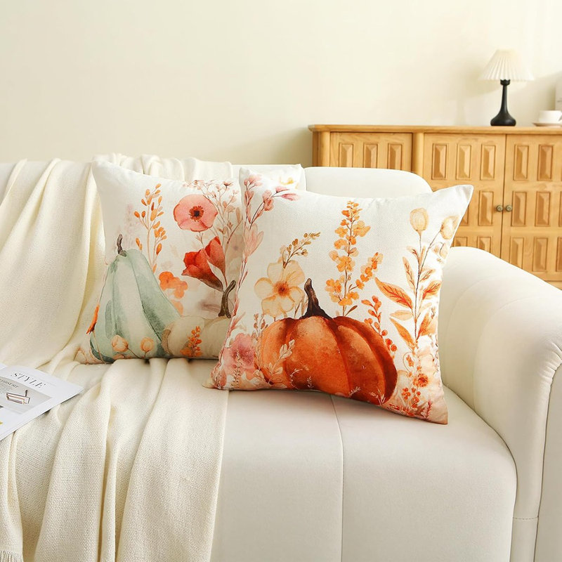 Ensemble de 2 housses de coussins d'automne à motif floral d'automne, Citrouille blanche 1