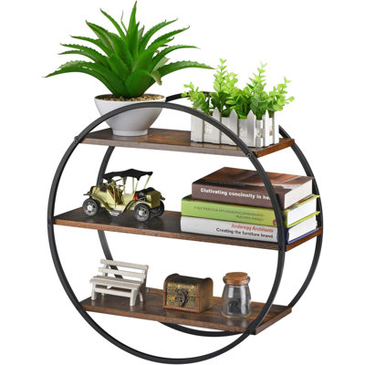 3 Tier Decorative Geometric Circle Metal And Wood Wall Shelves, Bathroom Shelf Round Wall Decor, Rustic Brown