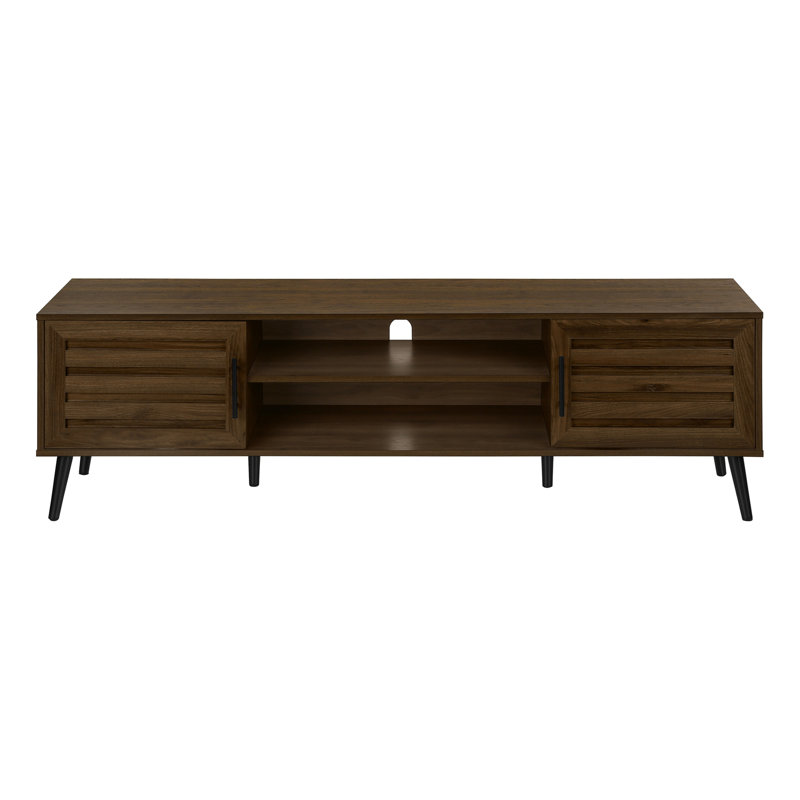 Meuble télé, 72 po, console, meuble multimédia, armoire de rangement, stratifié brun, métal noir, transitionnel
