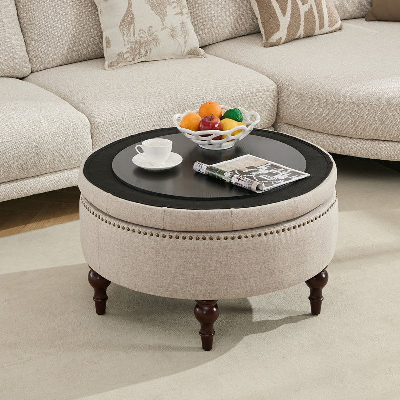 Ellersick Versatile Round Water-Resistant Linen Upholstered Storage Ottoman, Brown