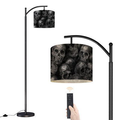 Arc Floor Lamp Black white human skulls Monochrome ornament Scary Halloween Suitable Floor Lamps with Remote LED Lights Adjustable Lamp Shades Tall Standing Lamps for Reading Office Living Room