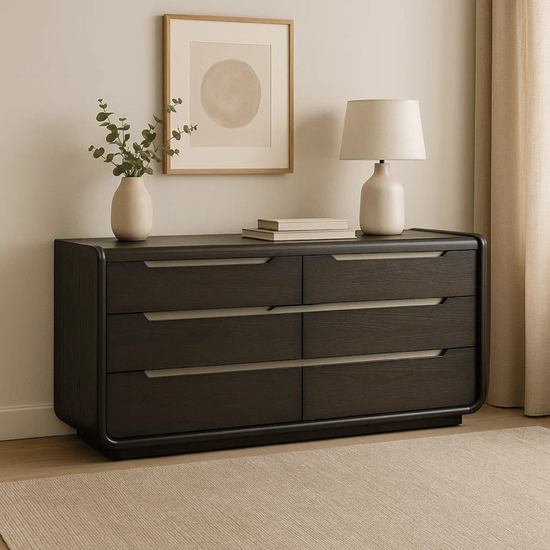Commode 6 tiroirs Osko, bois massif noir avec bordure en acier inoxydable