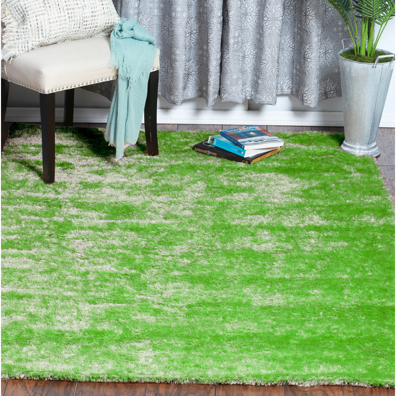 Tapis vert à poils longs fabriqué à la main, Rectangle 5 pi x 7 pi