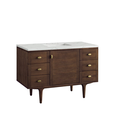 Meuble-lavabo simple 48 po Amberly, noyer Mid-Century avec chargeur sans fil FreePower