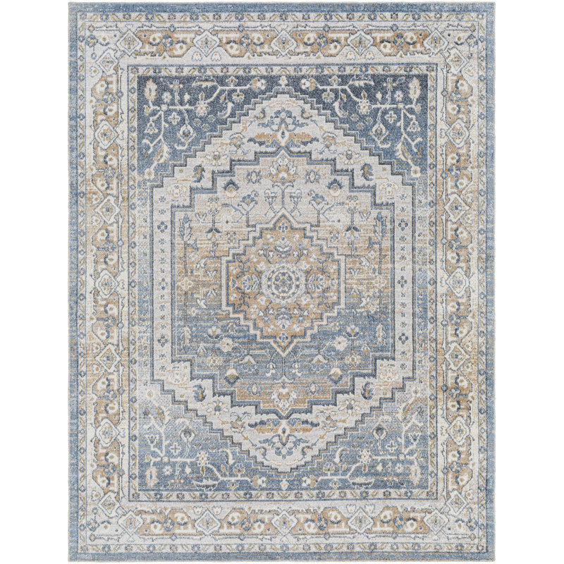 Kinzel Machine Washable Oriental Blue/Mustard Area Rug, Rectangle 6'7" x 9'