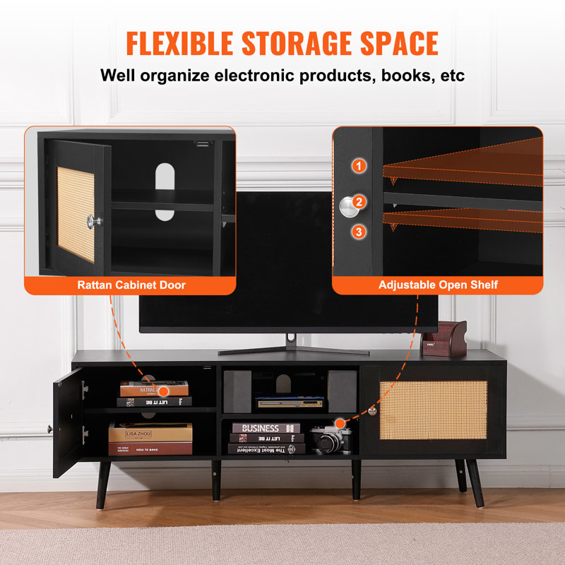 Black Rattan TV Stand with Cabinet for 65 inch TV