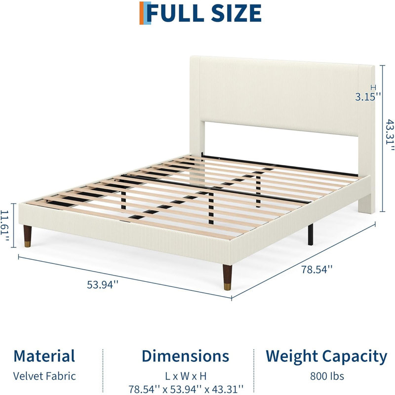 Full Upholstered Platform Bed Frame, Easy Assembly Space Saving, Off-White