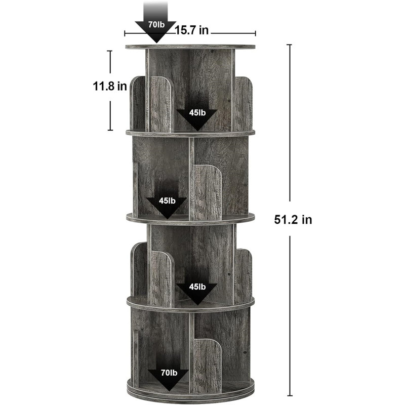 Gray Oak 4-Tier Rotating Corner Bookshelf with Cubes