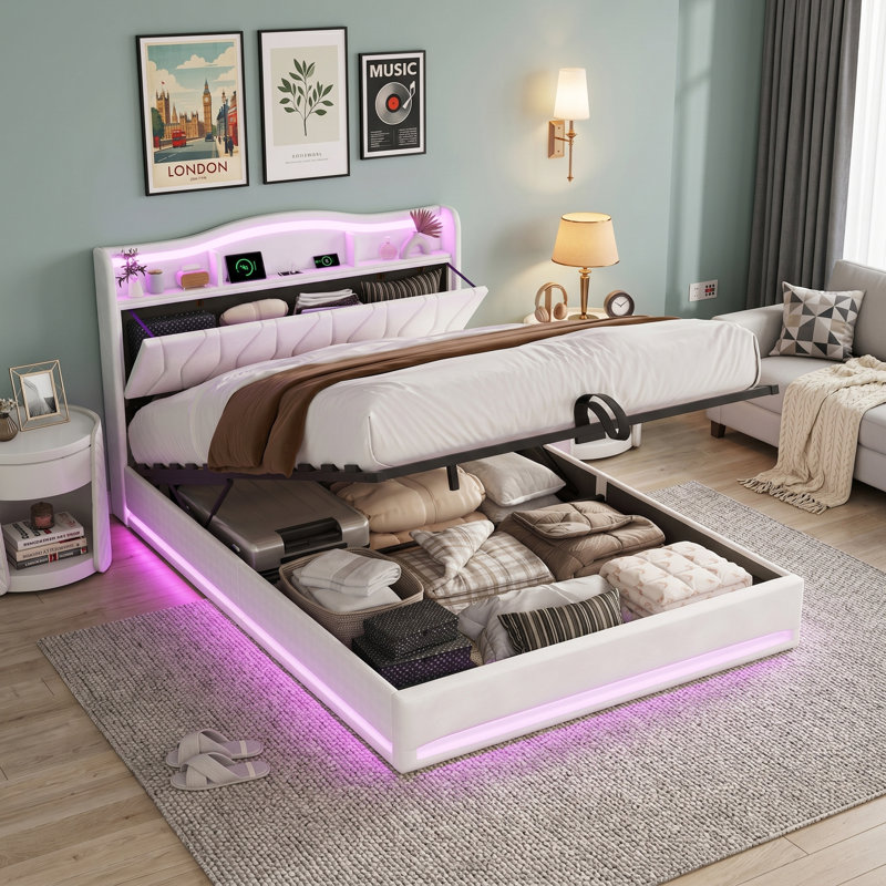 Lift Up Storage Bed Frame, European Double (140 x 200 cm), Beige