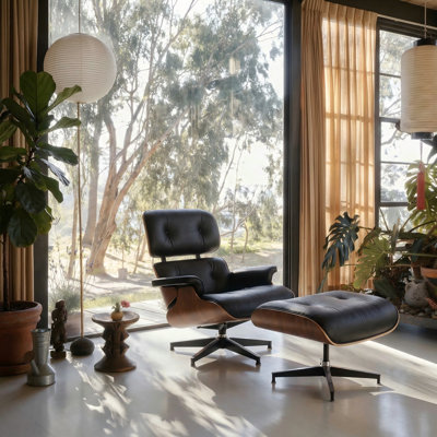 Mid Century Genuine Leather Lounge Chair With Ottoman, Heavy Duty Support Base, Upholstered Recliner For Living Room Study Bedroom
