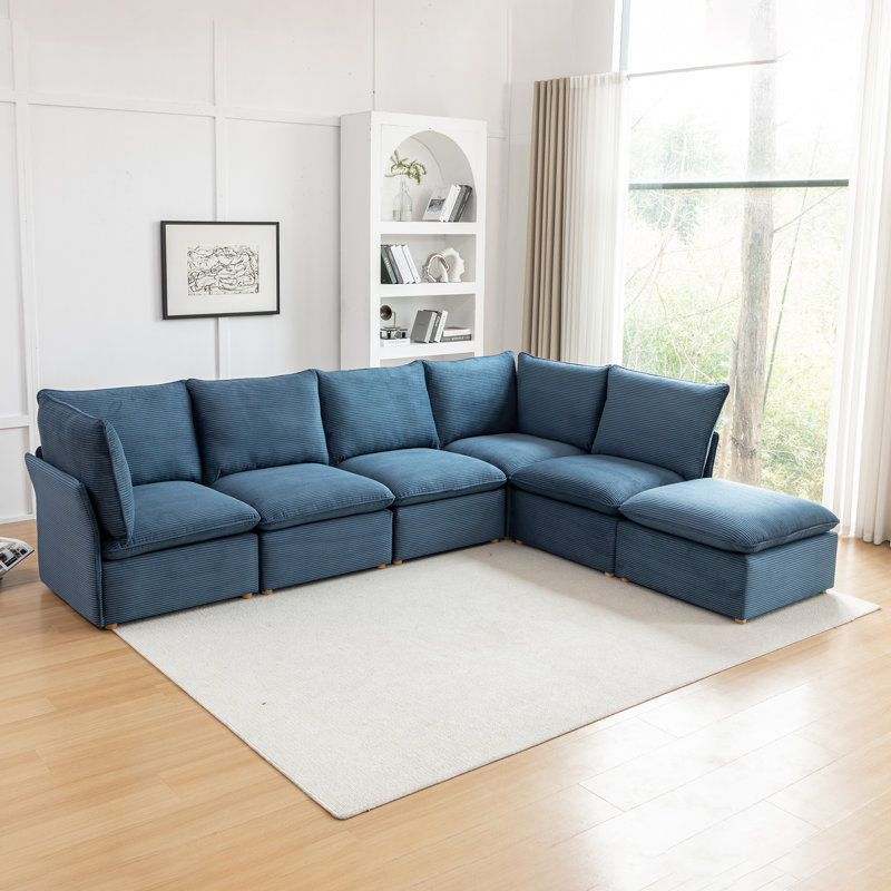 Hepworth 6 - Piece Corduroy Sectional Sofa With Ottoman, Blue Corduroy