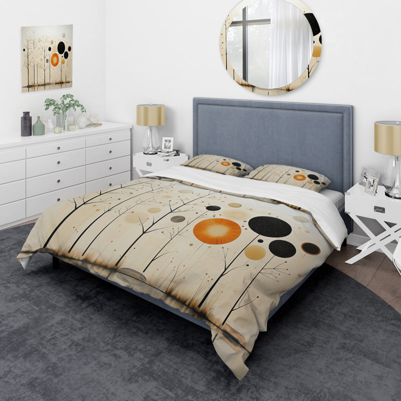 Beige Orange Mid Century Minimalist Oasis - Abstract Collages Duvet Cover Set, Queen Duvet Cover + 2 Standard Shams