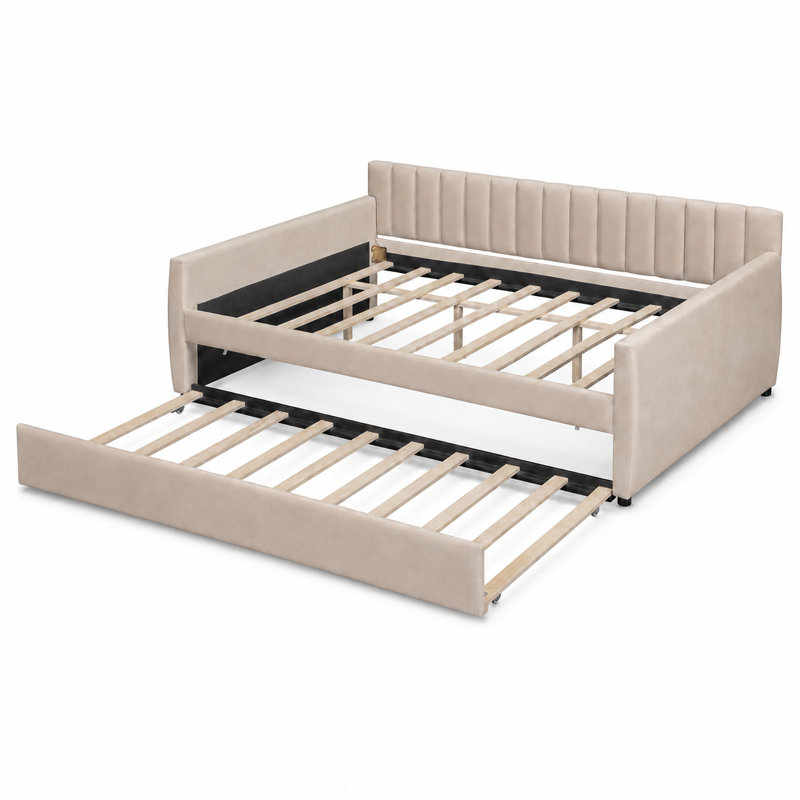 Lit de jour rembourré avec lit gigogne Keval, Beige
