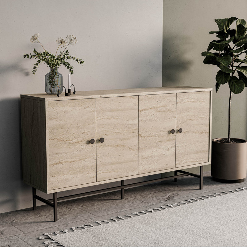 Modern Console Table with Metal Frame, Traverten Marble Finish, 57.0 x 31.1 x 13.8 inches | 100% Melamine Coated Particle Board, 0.7 inches Thick | Multiple Shelves, Wall-Mountable, Stylish & Functional for Living Room