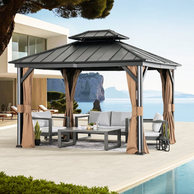 Pavillon de jardin en aluminium galvanisé à toit rigide 10 pi x 12 pi Stratford, toit vertical à 2 niveaux, rideaux, moustiquaire, éclairage DEL et prise de charge USB