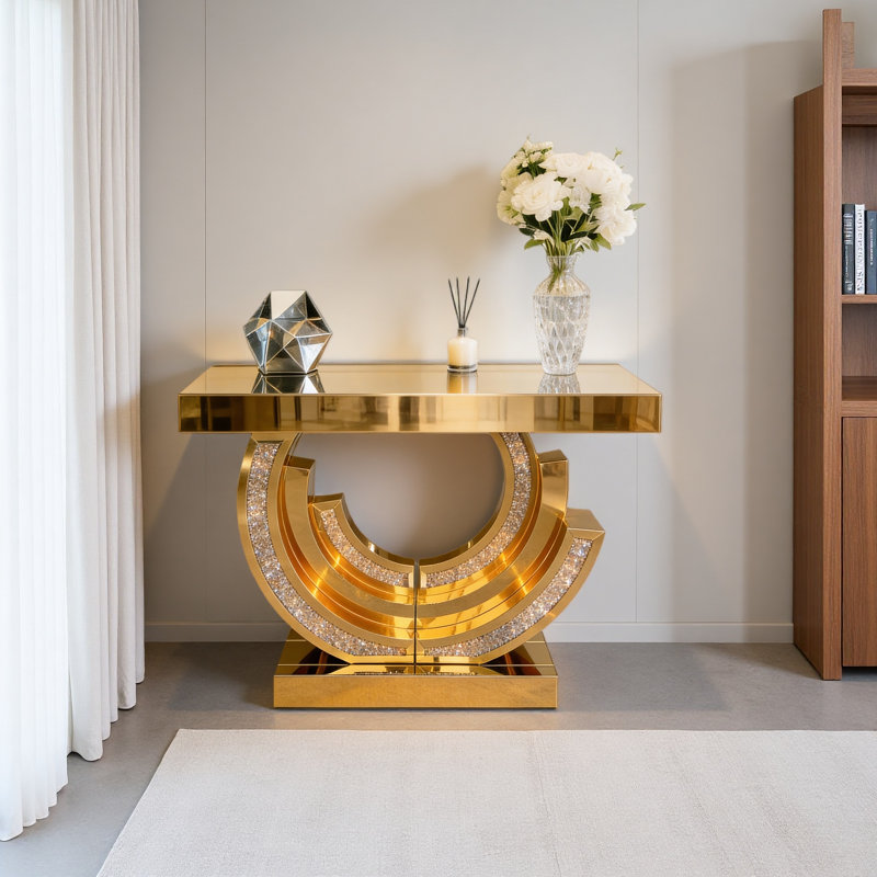 Mirrored Glass Console Table Entryway Living Sofa Table Diamond Crush Mirrored Glass Crescent Console Table, Doré