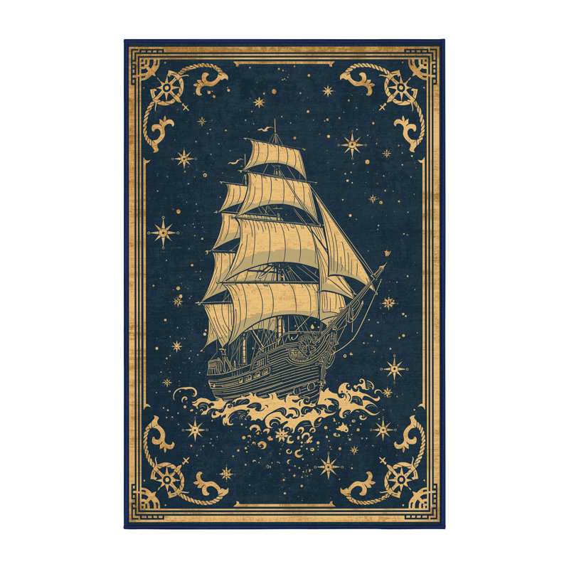 Machine Washable Mendon Pirate Sailing Ship Vintage Vintage Look Rug in Gray – Navy Binding, 5x7