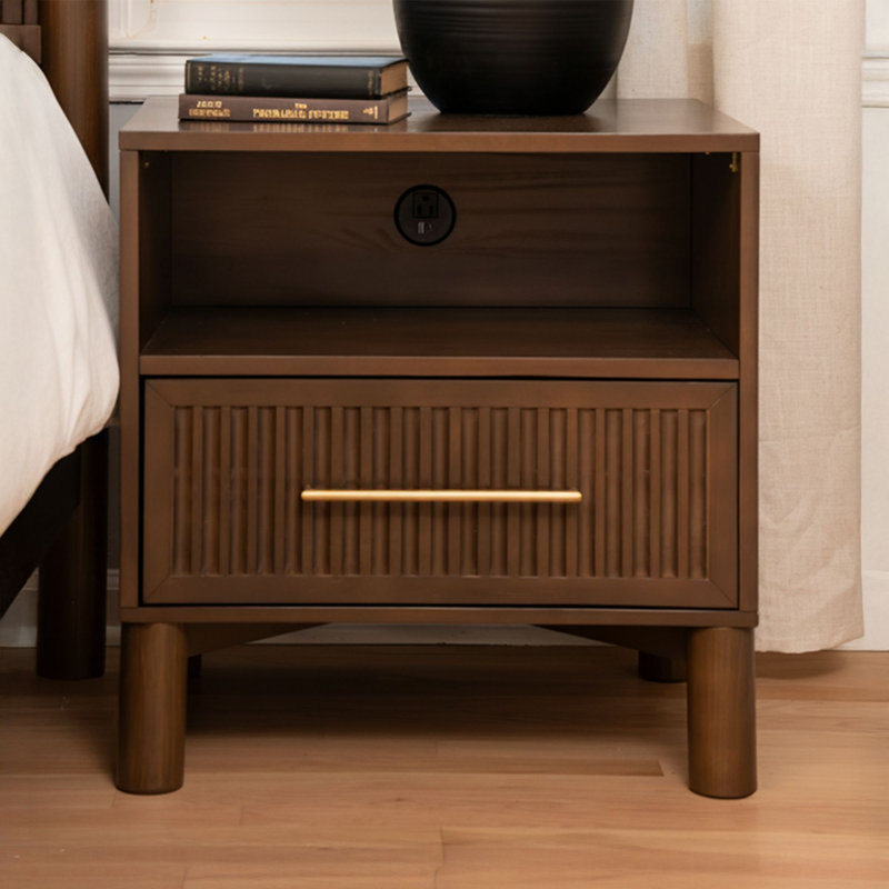 Sera Fluted Cubby Nightstand with 1 Drawer, Electrical Outlet and Brass Handle, Walnut, Walnut