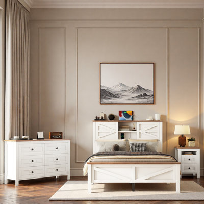 Ensemble de chambre à coucher 3 pièces, lit plateforme avec portes coulissantes, tête de rangement et station de charge, 1 table de chevet avec 2 tiroirs, 1 commode avec 6 tiroirs
