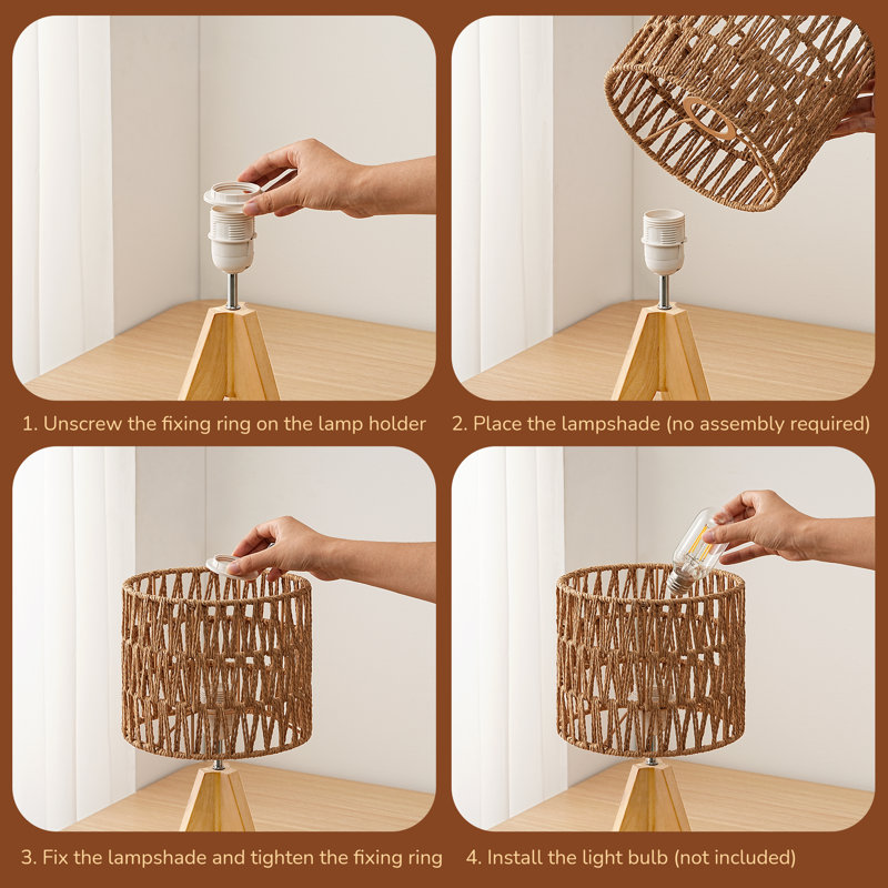 Aurion 14.2" Light Brown Solid Wood Tripod Table Lamp Set with Rattan Shade