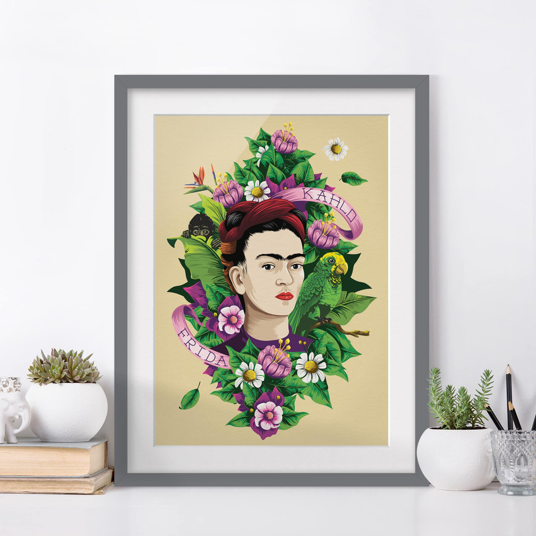 Gerahmtes Papierbild Frida, Äffchen und Papagei