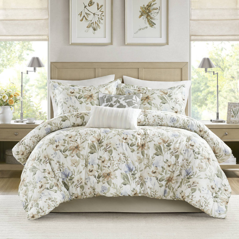 Ensemble d'édredon surdimensionné en satin de coton 6 pièces Herbal, Édredon de très grande taille et 5 pièces suppl
