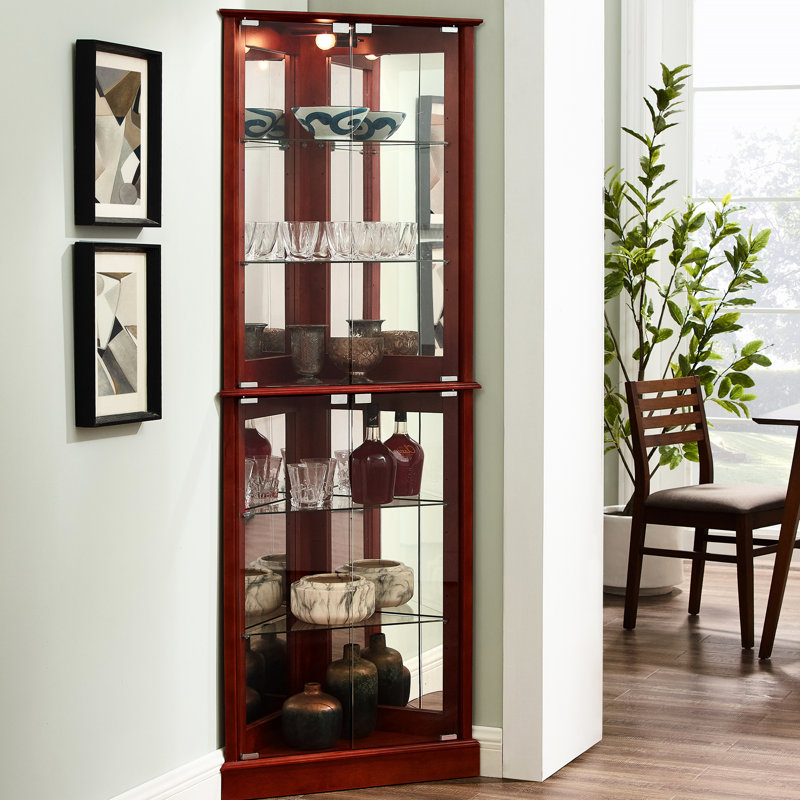 Lighted Cabinet For Corner - Mirrored Back Adjustable Shelves Cherry Collectables Storage Curio Tempered Glass Lights Soft Cloth Clean