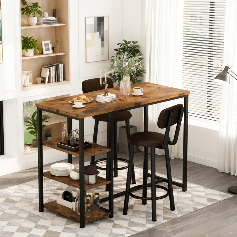 Ensemble de table de salle à manger de cuisine pour 2 personnes, table de bar et chaises avec 3 tablettes de rangement, table de pub à hauteur de comptoir avec 2 tabourets de bar rembourrés en cuir de polyuréthane pour petits espaces, îlot de cuisine, salle à manger, bar