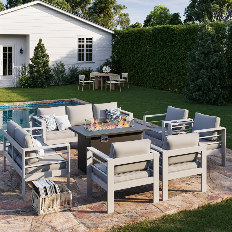 9-Person Sofa Seating Group With Fire Pit, Light Gray Cushion/White Frame