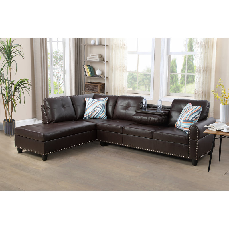 Louvenia Upholstered L-Shaped Sectional, Left Hand Facing, Brown Faux Leather