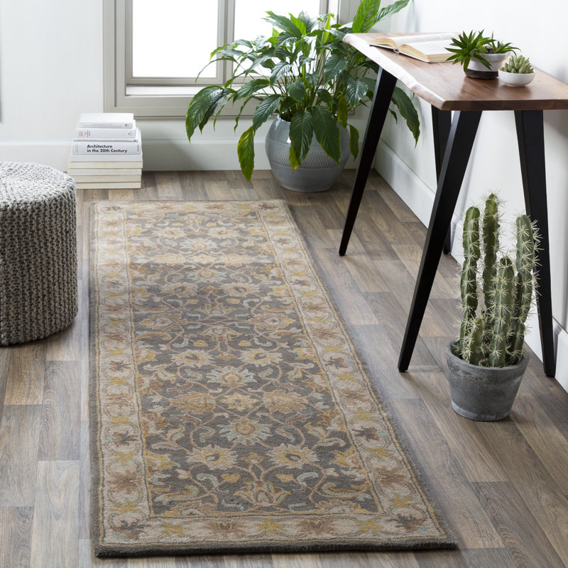 Arden Floral Handmade Tufted Wool Charcoal/Light Beige/Yellow Area Rug, Runner 2'6" x 8'