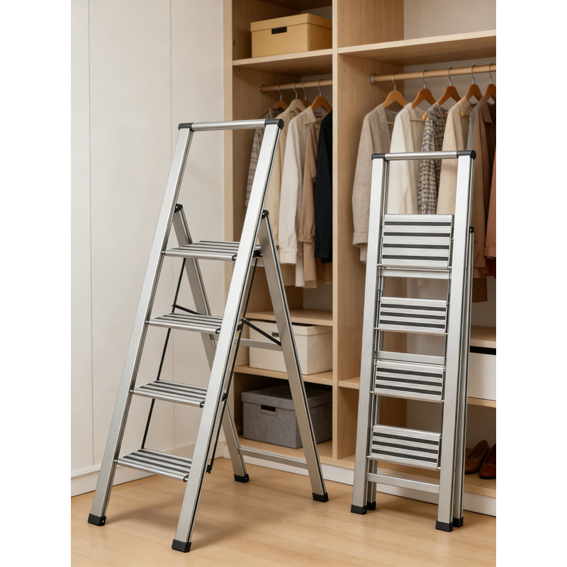 Escabeau pliant ultramince à 4 marches, aluminium robuste avec marches antidérapantes et grande plateforme pour la maison, le bureau, la cuisine et la photographie