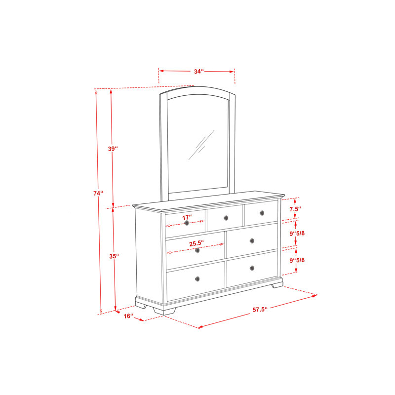 Ensemble de chambre à coucher 4 pièces avec lit de tête de lit de style moderne, commode de style Mid-Century, miroir encadré et commode en bois - Finition noyer brossé