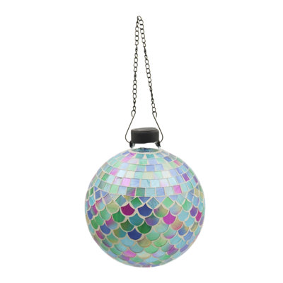  Mosaic Glass Gazing Globe with Hanging Chain, Opal Mermaid Tile, 10in