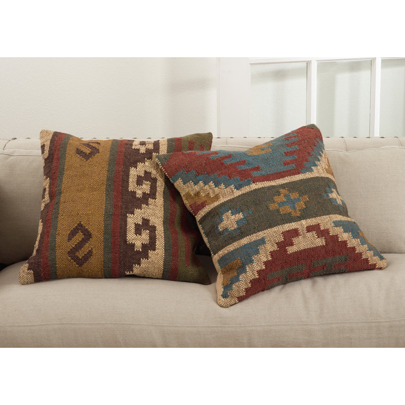 Multicolor Kilim Design Square Wool and Jute Throw Pillow