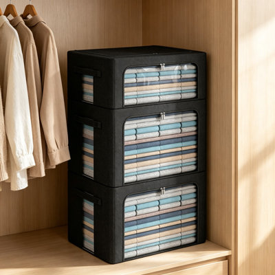 3-Pack Foldable Storage Bins with Linen Fabric, Stackable Clothes Organizer with Clear Window & Carry Handles, Large Capacity 100L