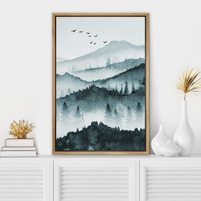 Forêt boisée, paysage, reproduction d'art sur toile, oiseaux, vol, aquarelle, forêt de montagne, nature sauvage, illustrations, art moderne, paysage décoratif coloré pour le salon, la chambre à coucher, le bureau CFV-A017-2206