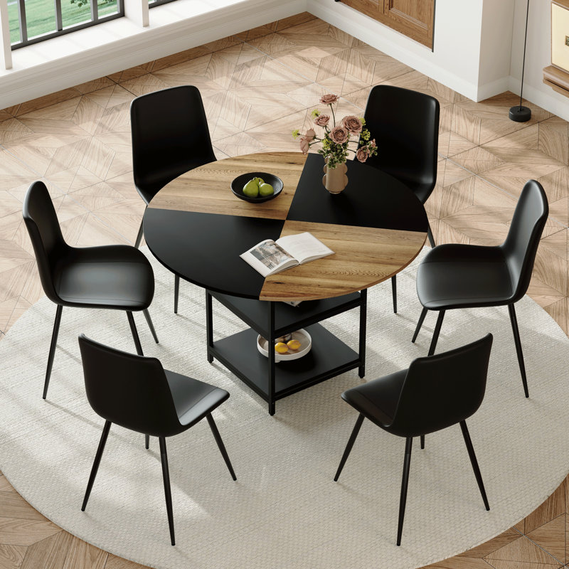 de salle à manger circulaire moderne de 3 pouces avec rangement et chaises en cuir noir