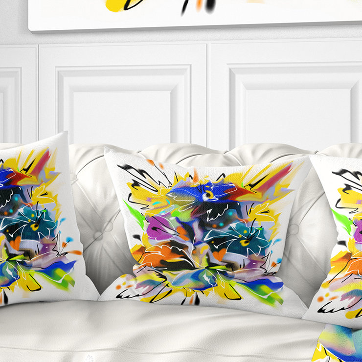 Motif floral abstrait jaune et bleu - coussin à imprimé floral, 18 po x 18 po, Coussin décoratif
