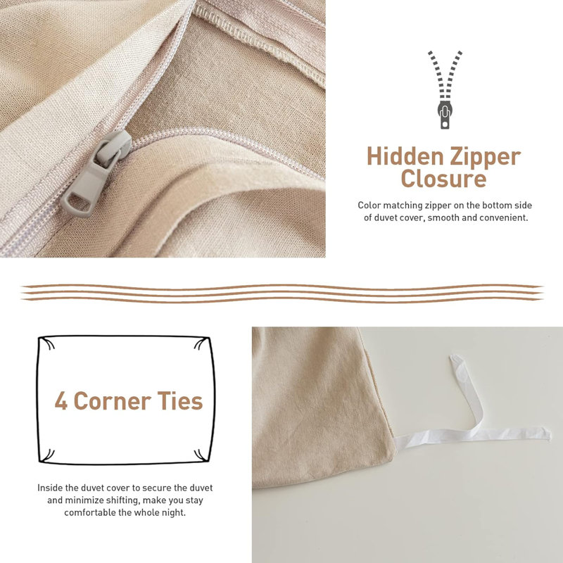 Ensemble de housse de couette en lin français 3 pièces avec fermeture à glissière cachée mélange de coton naturel, Lin