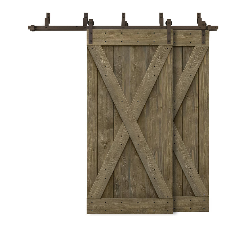 Porte de grange double à panneaux en bois teinté à panneau avec ensemble de quincaillerie coulissante, 64 po x 84 po