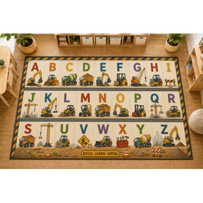 "Ultra Thin" 5' x 7' Construction Alphabet Area Rug, Soft Low Pile Indoor Rug with Non-Slip Silicone Backing for Kids Room Playroom, Beige