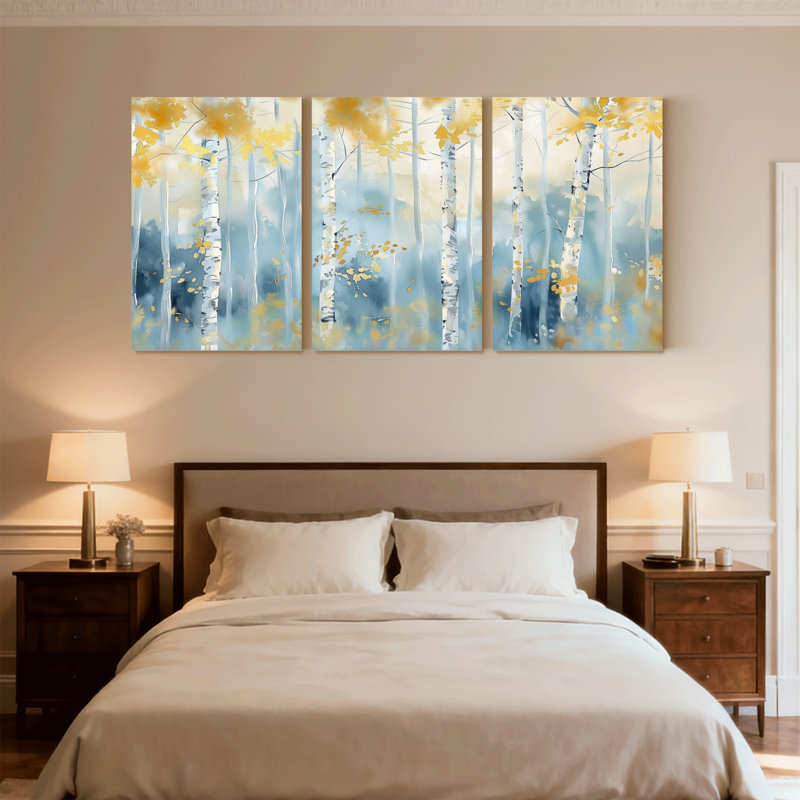 «Landscape & Nature Birch Trees Autumn Leaves Blue Sky», ensemble de 3 impressions sur toile, H 36 po x l 72 po