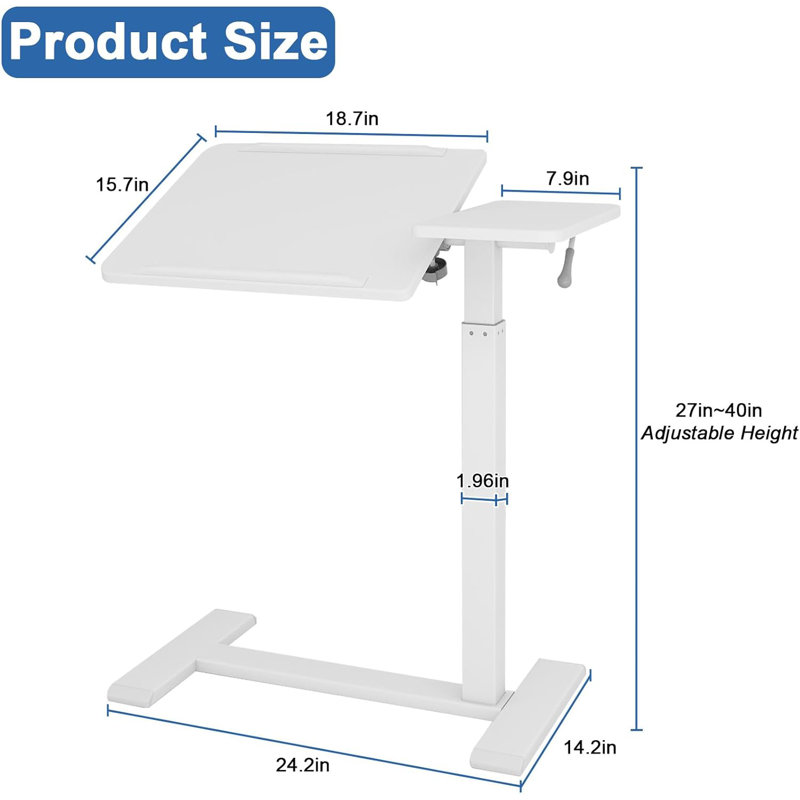 Table de lit pneumatique réglable 18,7 po avec roulettes, Blanc
